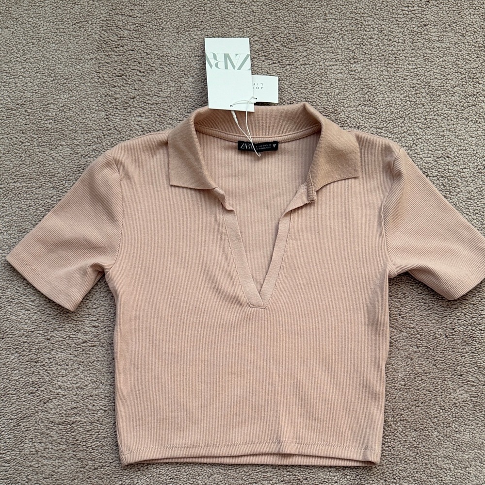 Zara Women's Beige Crop Polo Top